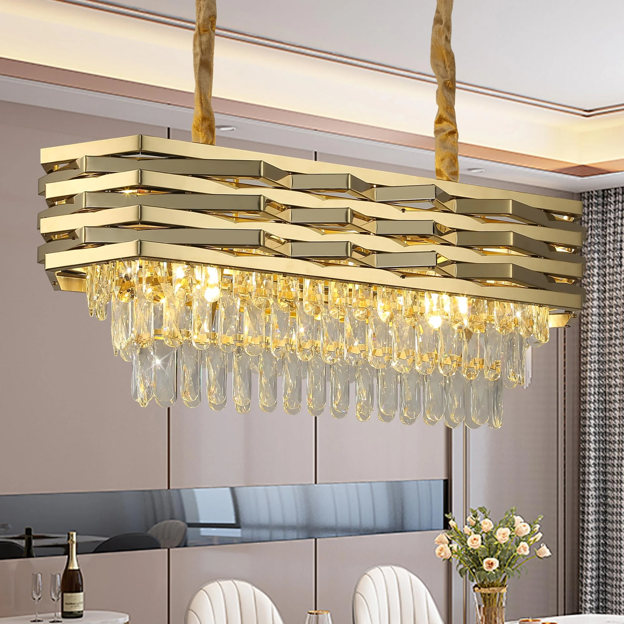 Schindora Gold Modern Crystal Chandeliers for Dining Room L80cm Chandelier Living Room Dining Room Chandelier Over Table Oval Ceiling Hanging Light Pendant Light Fixture for Kitchen Island