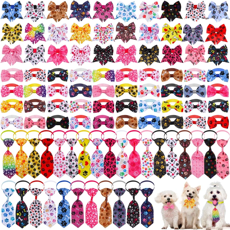 Reginary 100 Pieces Dog Bow Tie Collar Set Include 40 Dog Neckties, and 30 Puppy Bow Tie, 30 Collar Flowers, Adjustable Dog Bows Grooming for Small Medium Dogs Supply (Paw Bone)