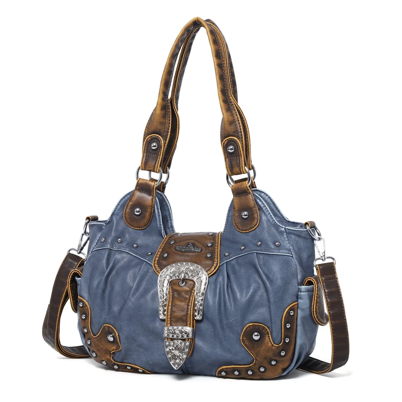 Angel Kiss Hobo Bags for Women Vegan Leather Purses and Handbags Ladies Chic Shoulder Bags Crossbody Purses with Metal Studs, Blue/Brown