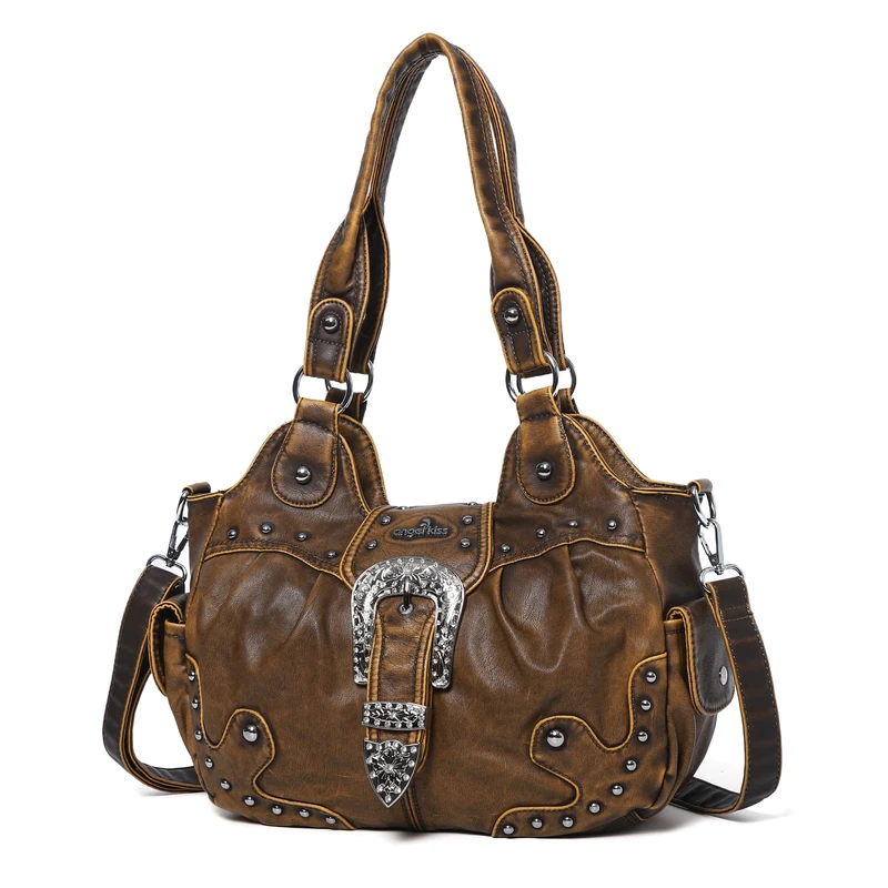 Angel Kiss Hobo Bags for Women Vegan Leather Purses and Handbags Ladies Chic Shoulder Bags Crossbody Purses with Metal Studs, Yellow/Brown - Image 1
