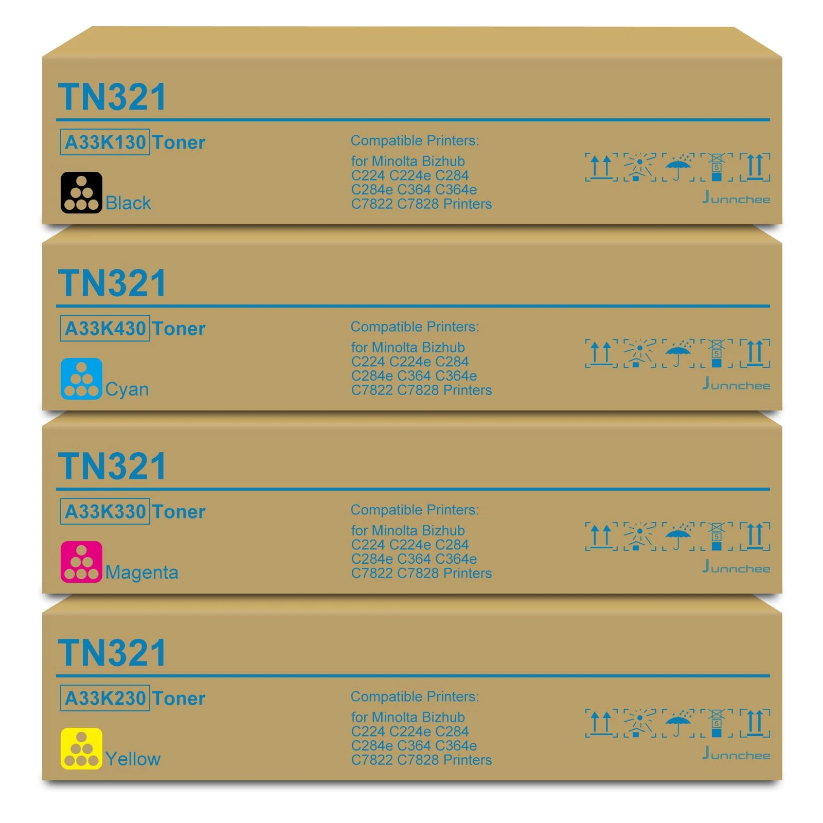 Junnchee TN-321 TN321 Toner Cartridge Replacement for Konica Minolta TN321K TN321C TN321M TN321Y Toner Cartridge for Bizhub C224e C364e C284e C224 C284 C364 Printer (Black Cyan Magenta Yellow)