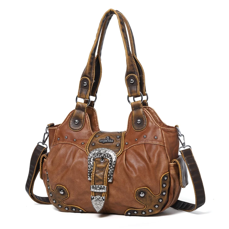 Angel Kiss Hobo Bags for Women Vegan Leather Purses and Handbags Ladies Chic Shoulder Bags Crossbody Purses with Metal Studs, Brown/Brown - Image 1