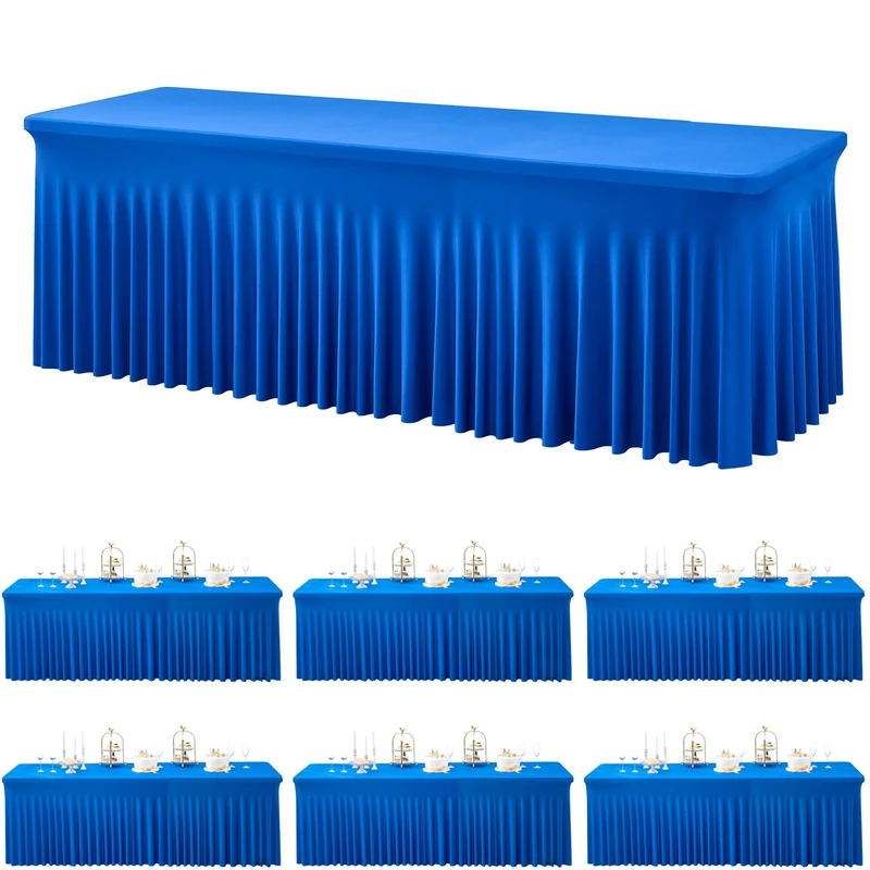 Htper 6 Pack Royal Blue Spandex Tablecloths for 8 Foot Rectangle Tables, Wrinkle Free Fitted Tablecover 8ft Stretchy Table Cloth with Skirt for Weddings Birthday Party Banquet Baby Shower