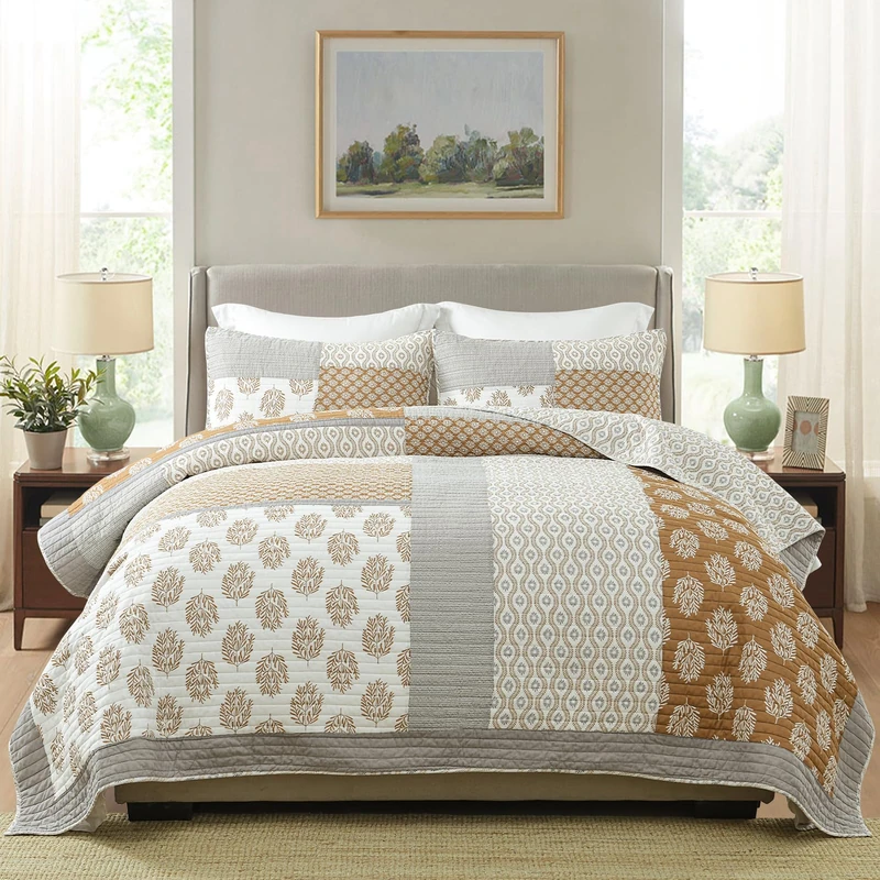 Finlonte Quilts Queen Size, 100% Cotton Queen Comforter Set, Brown Grey Farmhouse Quilted Bedspread, Patchwork Lightweight Reversible Quilt Bedding Set for Queen Bed, 3-Pieces