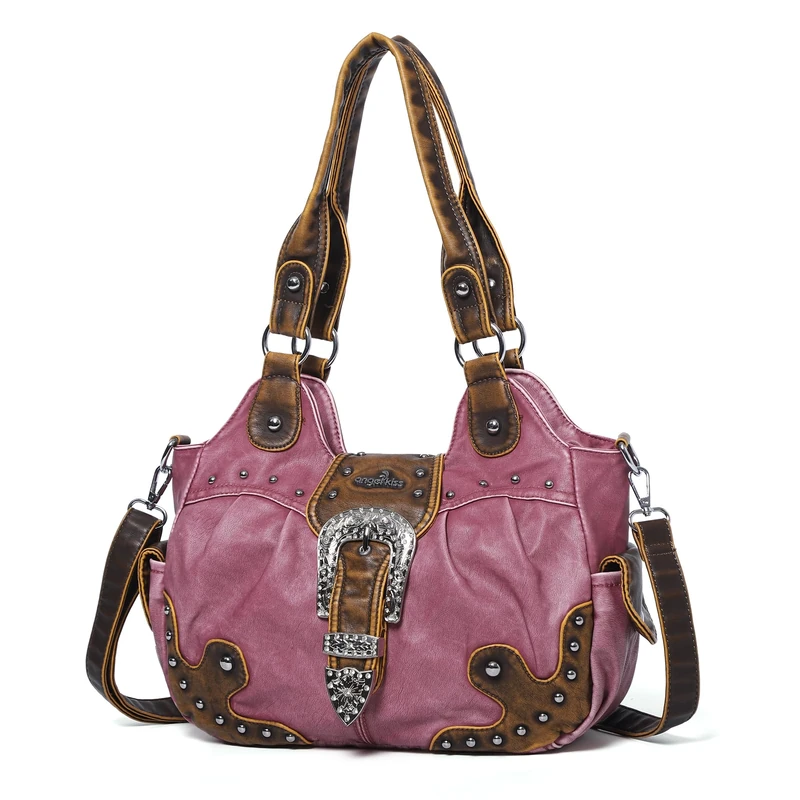 Angel Kiss Hobo Bags for Women Vegan Leather Purses and Handbags Chic Crossbody Purses with Metal Studs, Pink/Brown, Medium