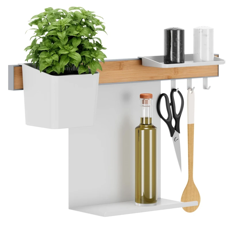 tesa Kitchen Organiser Combo Set S - Self-Adhesive Kitchen Rail System with Herb Pot, 2 Shelves, and Hook Rail with 3 Hooks - Wall Mount Without Drilling - Bamboo/White