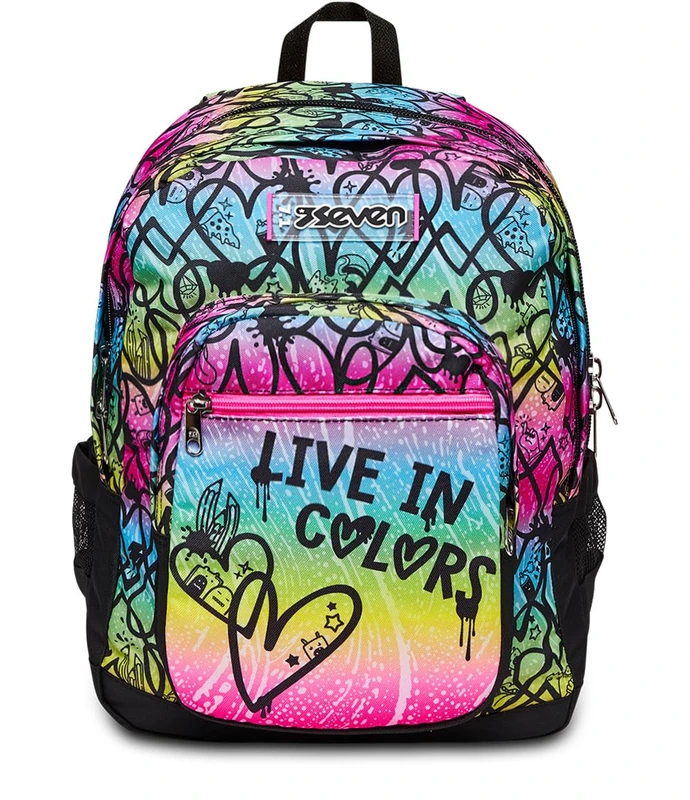 SEVEN Colour Expression Freethink School Backpack - Double Compartment - Bottle Pocket, multi-coloured, M, Backpack