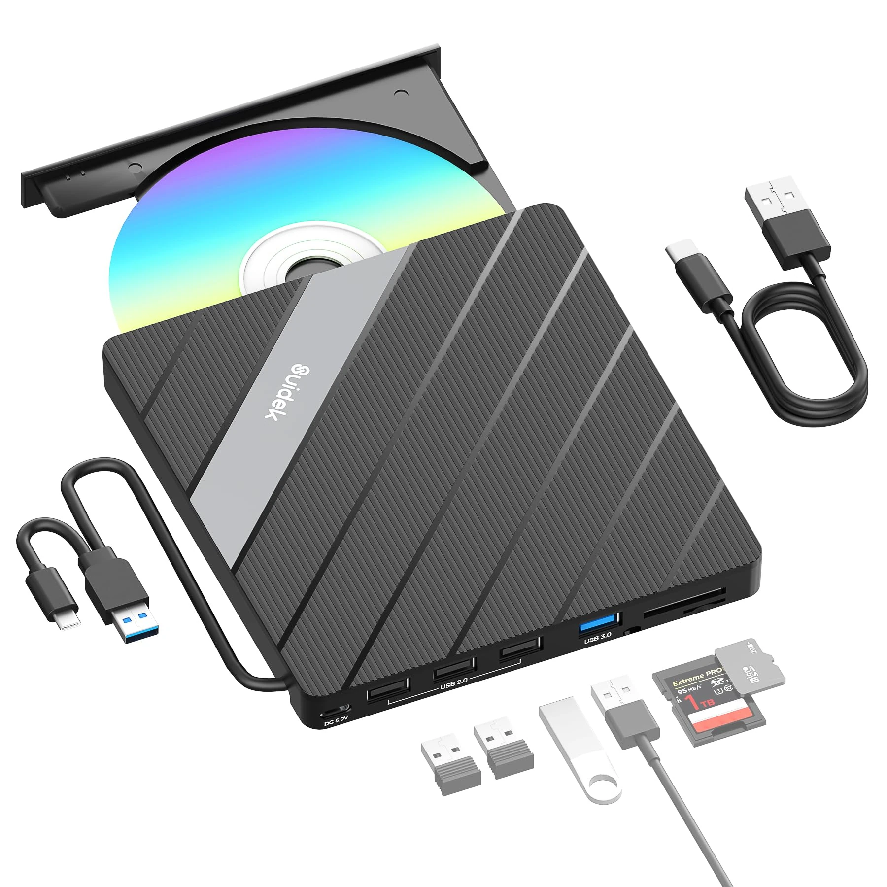 SUIDEK External CD DVD Drive, USB C USB 3.0, Portable DVD/CD RW Burner DVD Player for Laptop, 8 in 1 Hub with SD/Micro SD Card Reader Compatible with Laptop/Mac/PC/Windows/Linux
