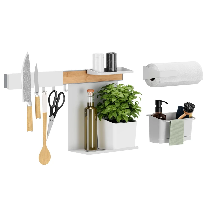 tesa Kitchen Organiser Combo Set XL - Self-Adhesive Kitchen Rail System, Herb Pot, 2 Shelves, Dishwasher Organiser, Knife and Kitchen Roll Holder, Hook Rail with 3 Hooks - Drill-Free - Bamboo/White - Image 1