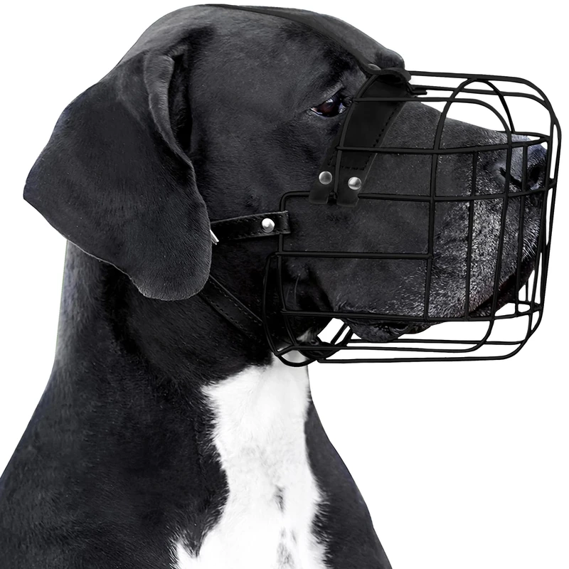 BRONZEDOG Dog Muzzle Adjustable Durable Metal Wire Basket for Large and Extra Large Dogs with Leather Straps Breathable, Drinkable, Training, Prevents Biting