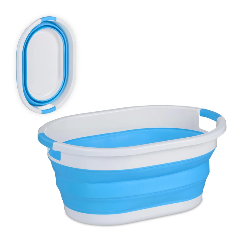 Relaxdays Folding Laundry Basket, 36 L, Plastic Tub, Clothing, Collapsible Washing Storage, with Handles, Blue/White