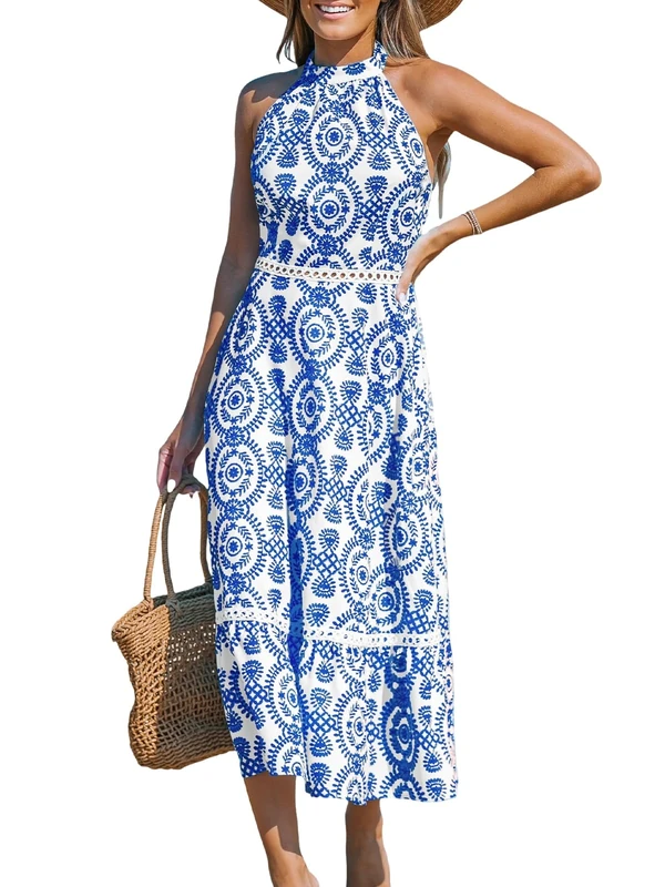 CUPSHE Blue Paisley Halter Dress - Sleeveless Backless Boho Midi