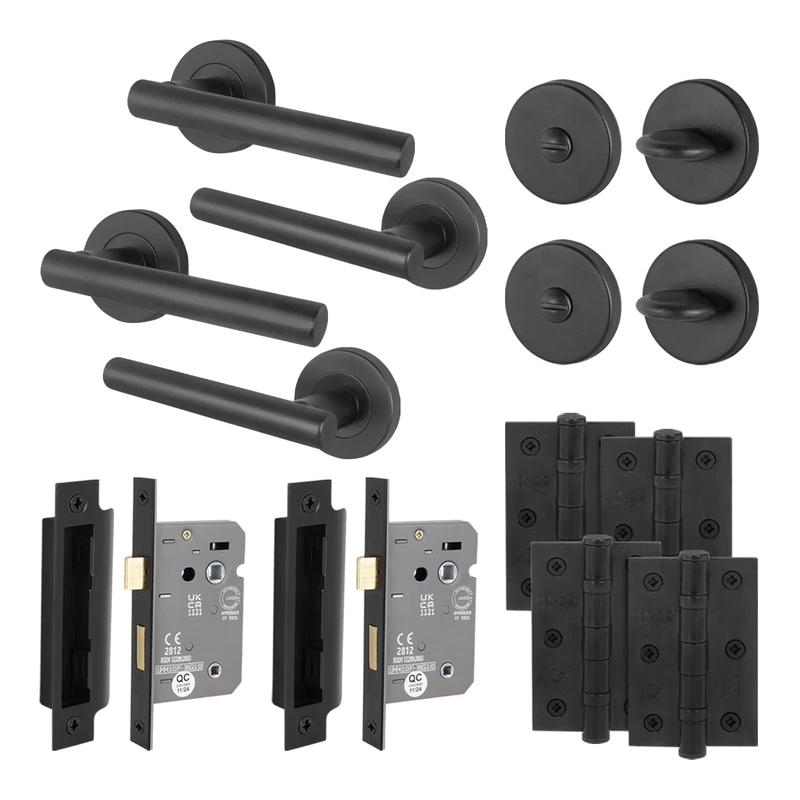 EAI Black Bathroom Door Handle Set - Pack of 2 | Round T-Bar Internal Door Handles, Thumb Turn & Release Set, Lock & Hinges (76mm) | Matt Black Oliena Range