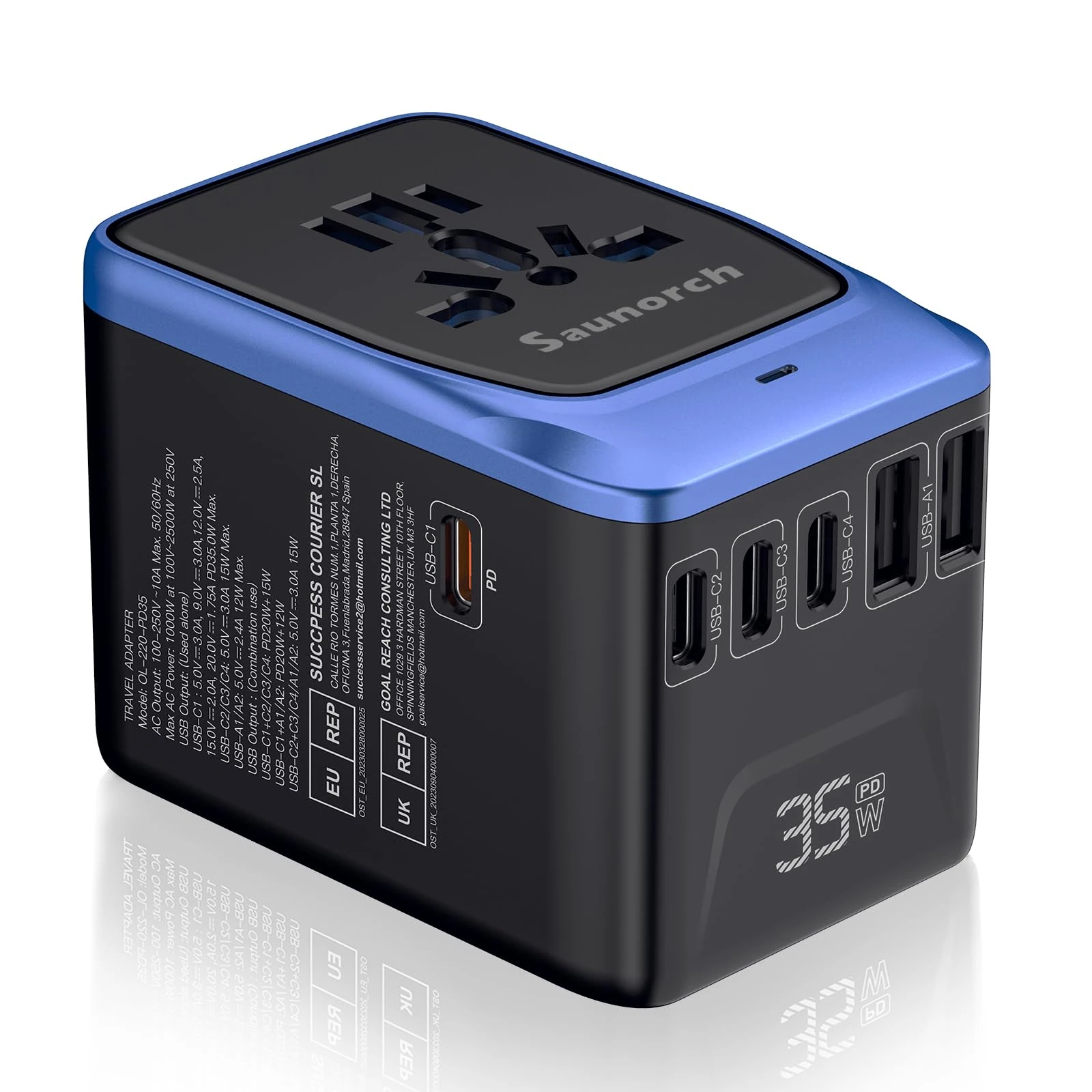 SAUNORCH Universal Travel Adapter, PD 35W 7 in 1 International Power Plug Adapter with 7.0A 4 USB-C and 2 USB-A Fast Wall Charger, Worldwide AC Outlet for US Europe UK AUS-Black+Blue