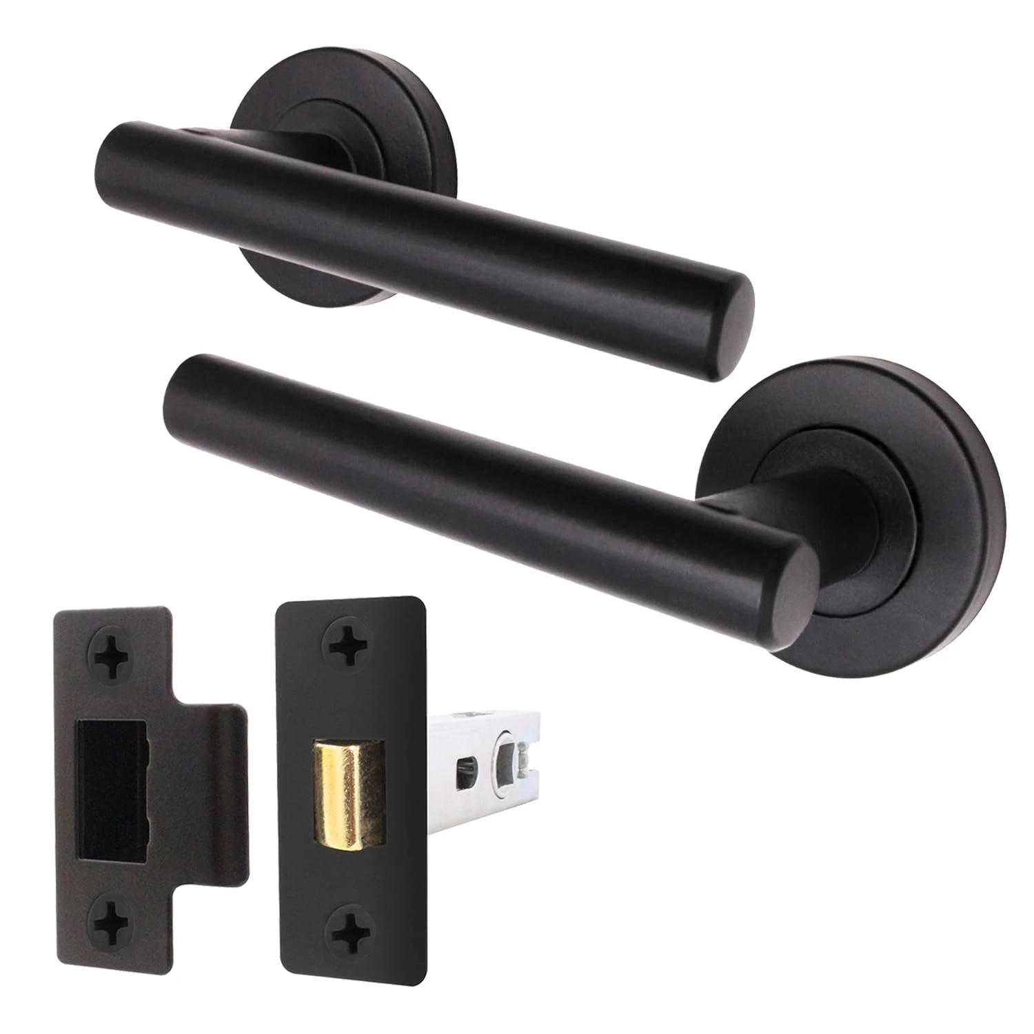 EAI Black Door Handle Latch Set | Round T-Bar Internal Door Handles & Latch (64mm) | Matt Black Lever on Rose Oliena Range
