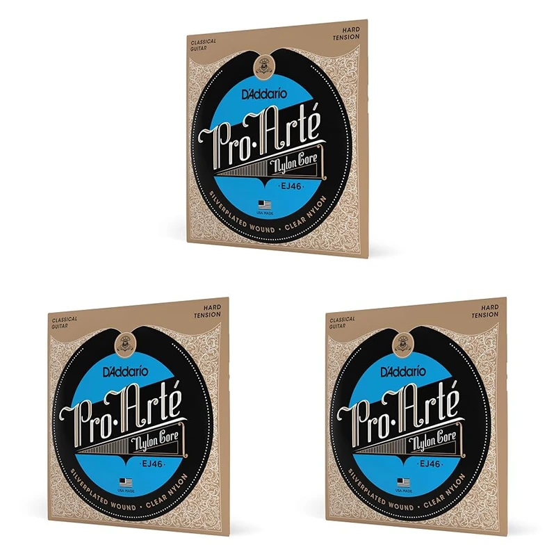 D'Addario Pro-Arte Classical Guitar Strings - EJ46 - Nylon, Silver Plated Wound, Hard Tension, 3-Pack