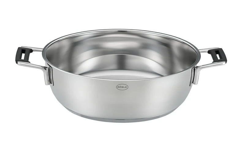 RÖSLE Silence Pro Serving Pan Diameter 28 cm, High-Quality Stainless Steel Serving Pan with Insulated Handles for Safe and Comfortable Serving, Stainless Steel 18/10, Silver/Black, 39 x 29.5 x 14 cm