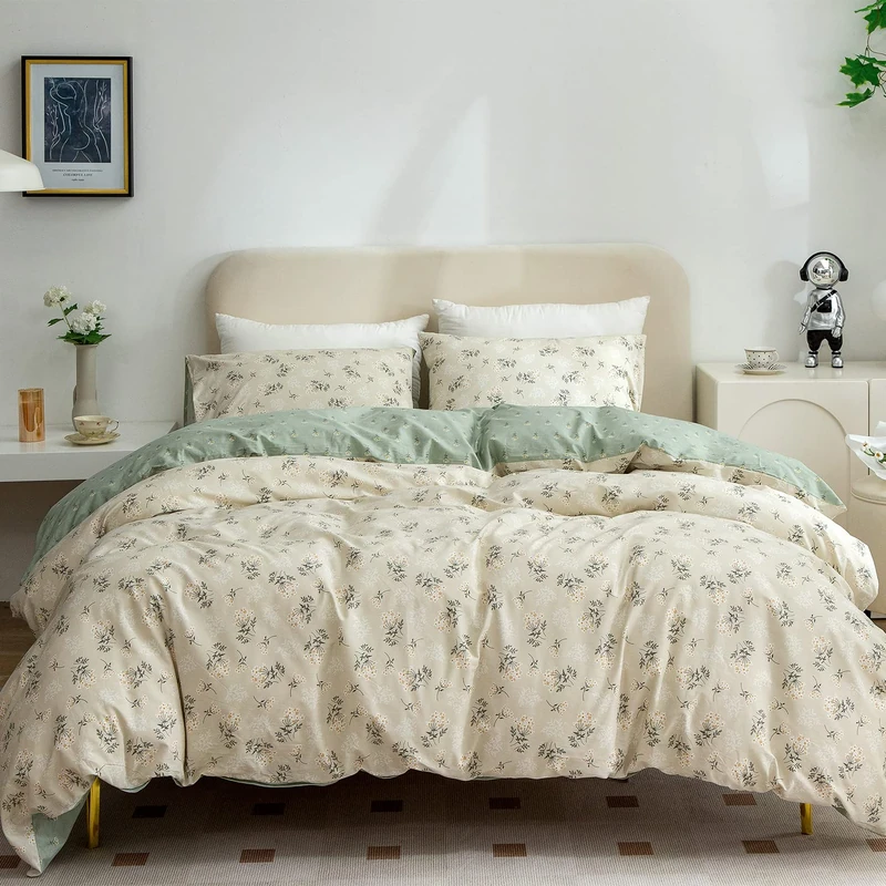 TISPLR Floral Comforter Set King 3 Pieces Soft Chic Garden Style Green Floral Print Lightweight Botanical Flower Comforter Set for All Seasons 1 Comforter and 2 Pillowcases