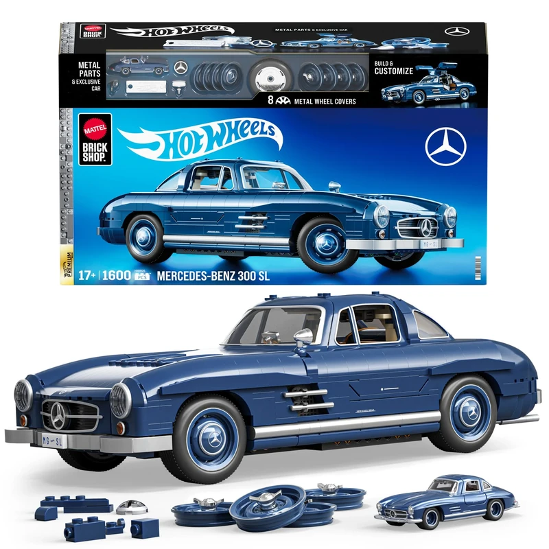 Mattel Brick Shop Hot Wheels Premium Series Building Set, Mercedes-Benz 300 SL with 1600 Pieces, Realistic Details and Metal Parts, Adult Collectors, HWW25