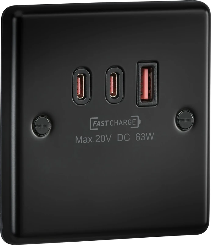 Knightsbridge 230V Triple USB Charger Plate 2xUSB-C 1xUSB-A [20V DC Max. 63W] - Matt Black