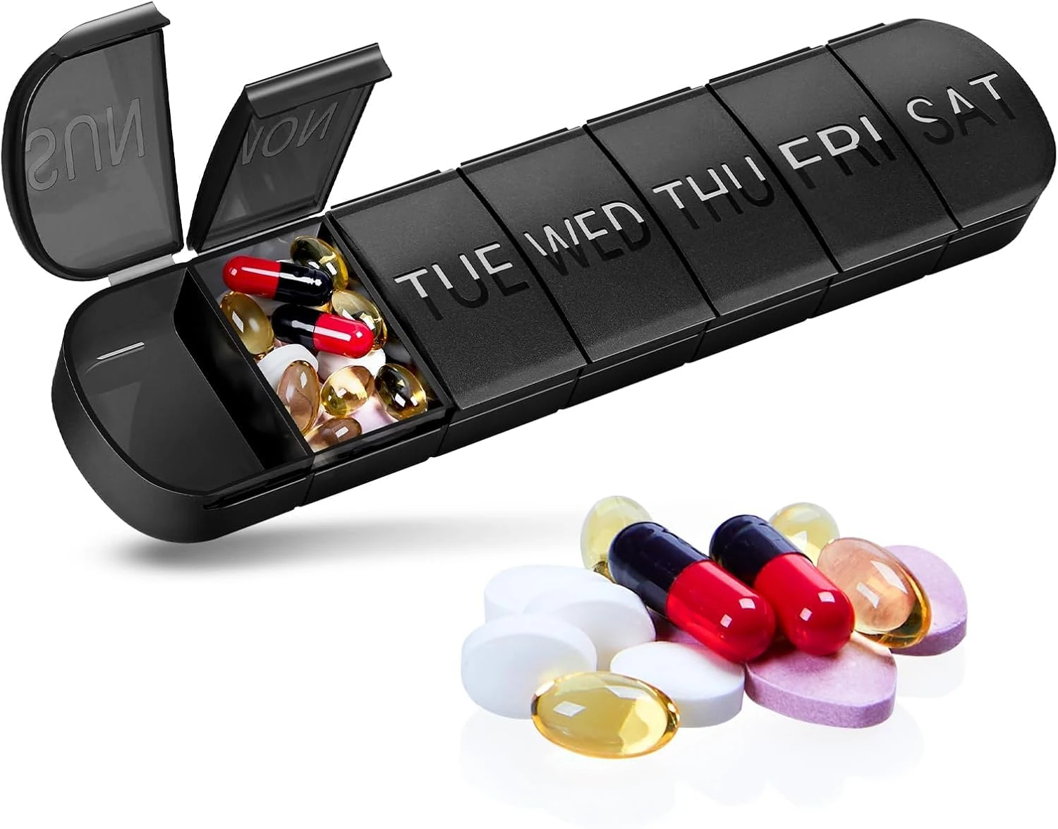 Black Weekly Pill Box Organiser with Upgraded Open Design | Premium Quality 7 Day Travel Tablet Box | Portable Pill Case for Medications, Vitamins, and Supplements