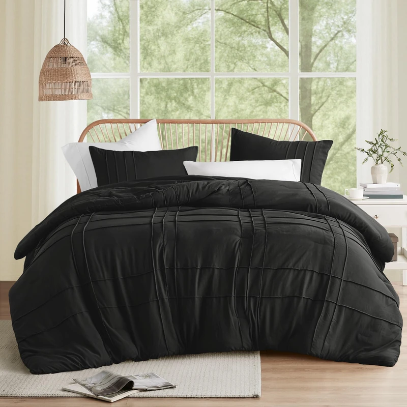 Comfort Spaces Black King Size Comforter Set - 3 Pieces Pintuck Pleated Bedding Sets King, All Season Lightweight, Extra Softness Pre-Washed Microfiber King Bed Set, Shams, King/Cal King