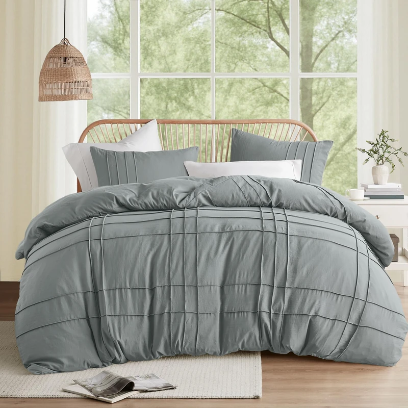 Comfort Spaces Blue/Grey Queen Size Duvet Cover Set - 3 Pieces Pintuck Pleated Duvet Cover Queen, All Season Lightweight, Extra Softness Pre-Washed Microfiber Queen Bedding Cover Shams, Full/Queen