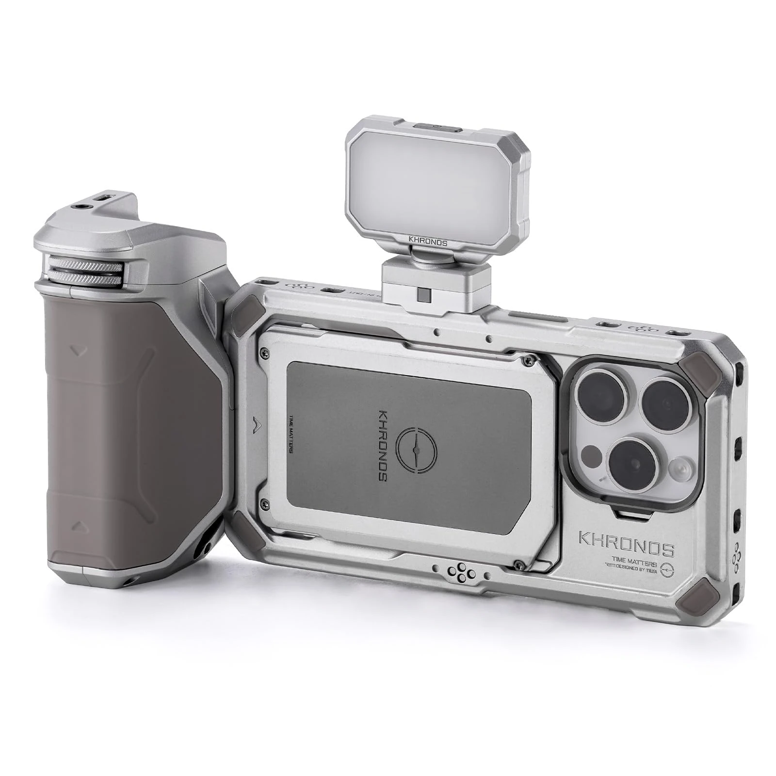 Tilta Khronos Basic Kit Compatible with iPhone 15 Pro - Titanium White | Includes Case, Mini LED Light, and Focus Handle | Mobile Filmmaking System