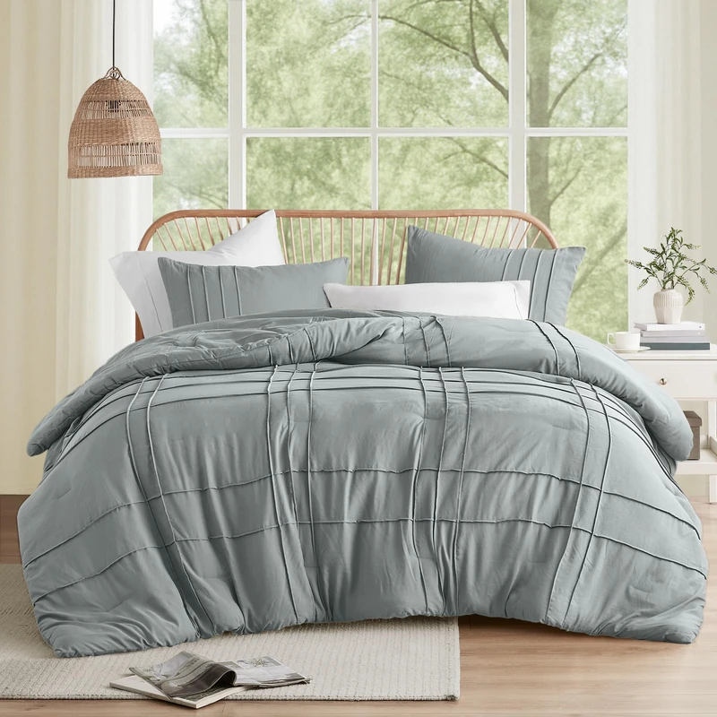 Comfort Spaces Blue/Grey Queen Size Comforter Set - 3 Pieces Pintuck Pleated Bedding Sets Queen, All Season Lightweight, Extra Softness Pre-Washed Microfiber Queen Bed Set, Shams, Full/Queen