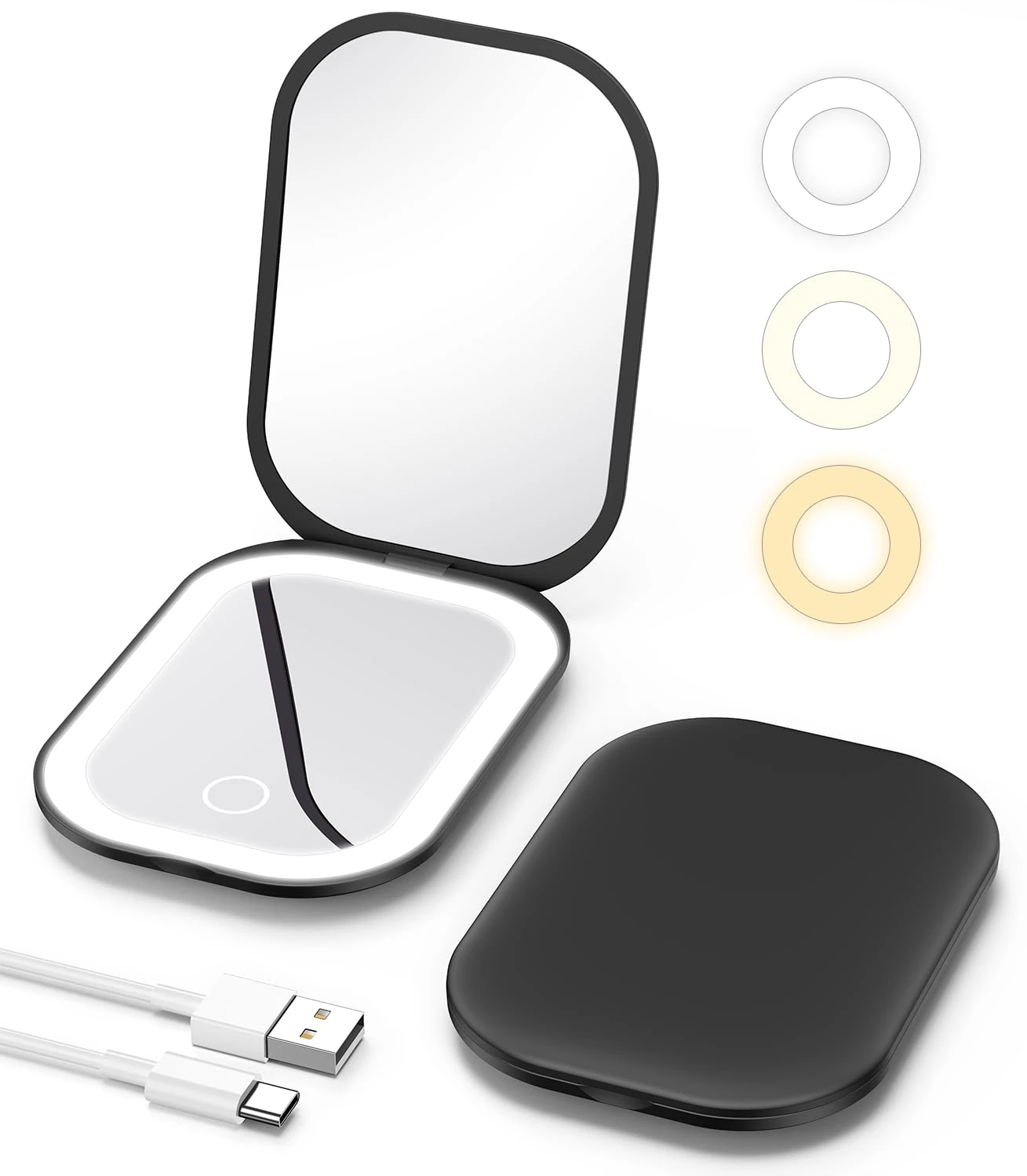 Gospire Lighted Compact Mirror with Light and Magnification 1X/3X, Stepless Dimming and Three-Color Adjustable Lights, Rechargeable Battery and Compact Size for Purse and Travel - Black