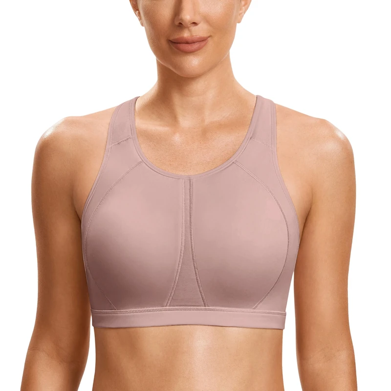 SYROKAN Women's Sports Bra for Large Breasts High Impact Full Coverage Padded Wireless Running Halter Neck Bra Brick 32A