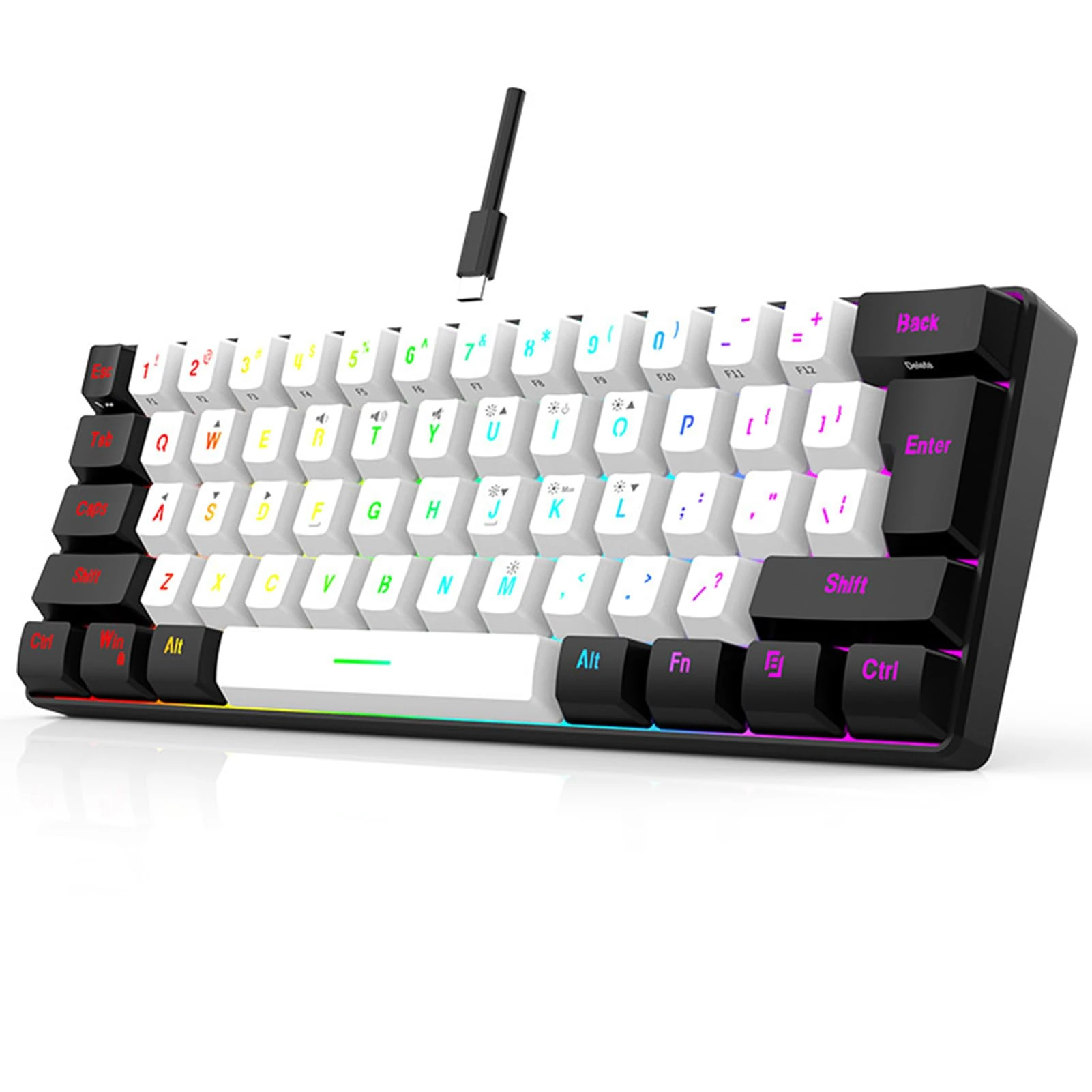 Yunir Mini RGB Keyboard, 61 Keys Ergonomic Mechanical Feeling Wired Gaming Keyboard, With Type C Interface, LED Backlight, for Office Business Game (White)