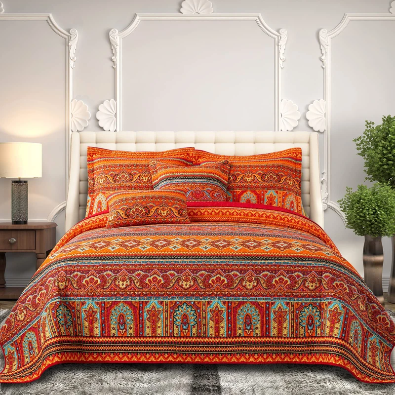 BEDIFANY Cotton Twin Size Bedspreads Set - Lightweight Boho Quilts Twin Size (68 * 86 Inch) - Colorful Orange Quilted Stripe Quilt Bedding Sets with Pillow Sham for Decorations Coverlet, 2 Pieces
