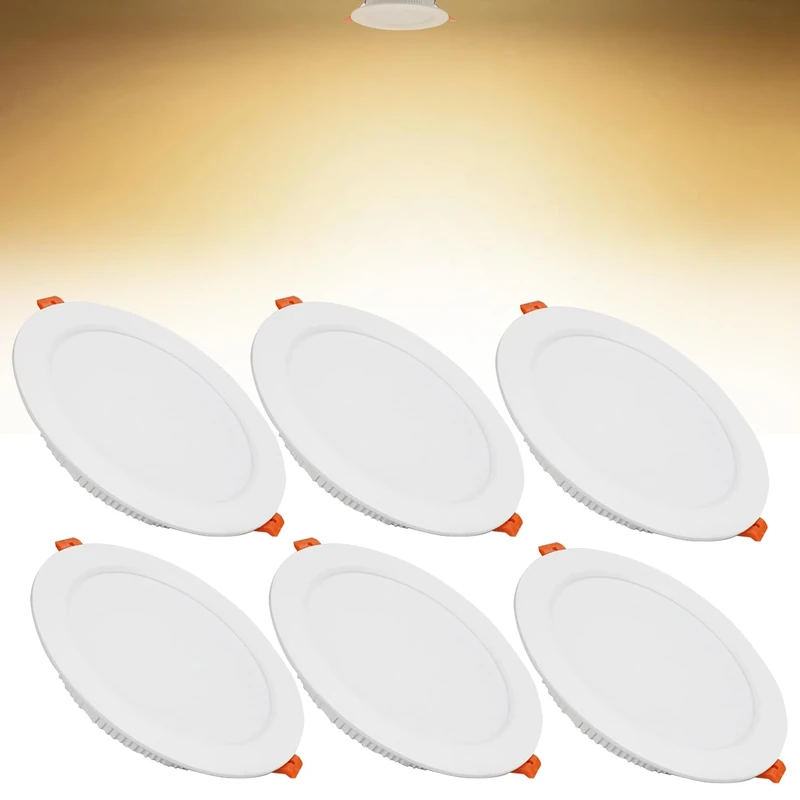 12W LED Recessed Ceiling Spotlights, 3000K Warm White Ultra Slim Panel Light, Cut Φ110-130mm, AC110-240V Round Downlights for Living Room Office, 6 Pack