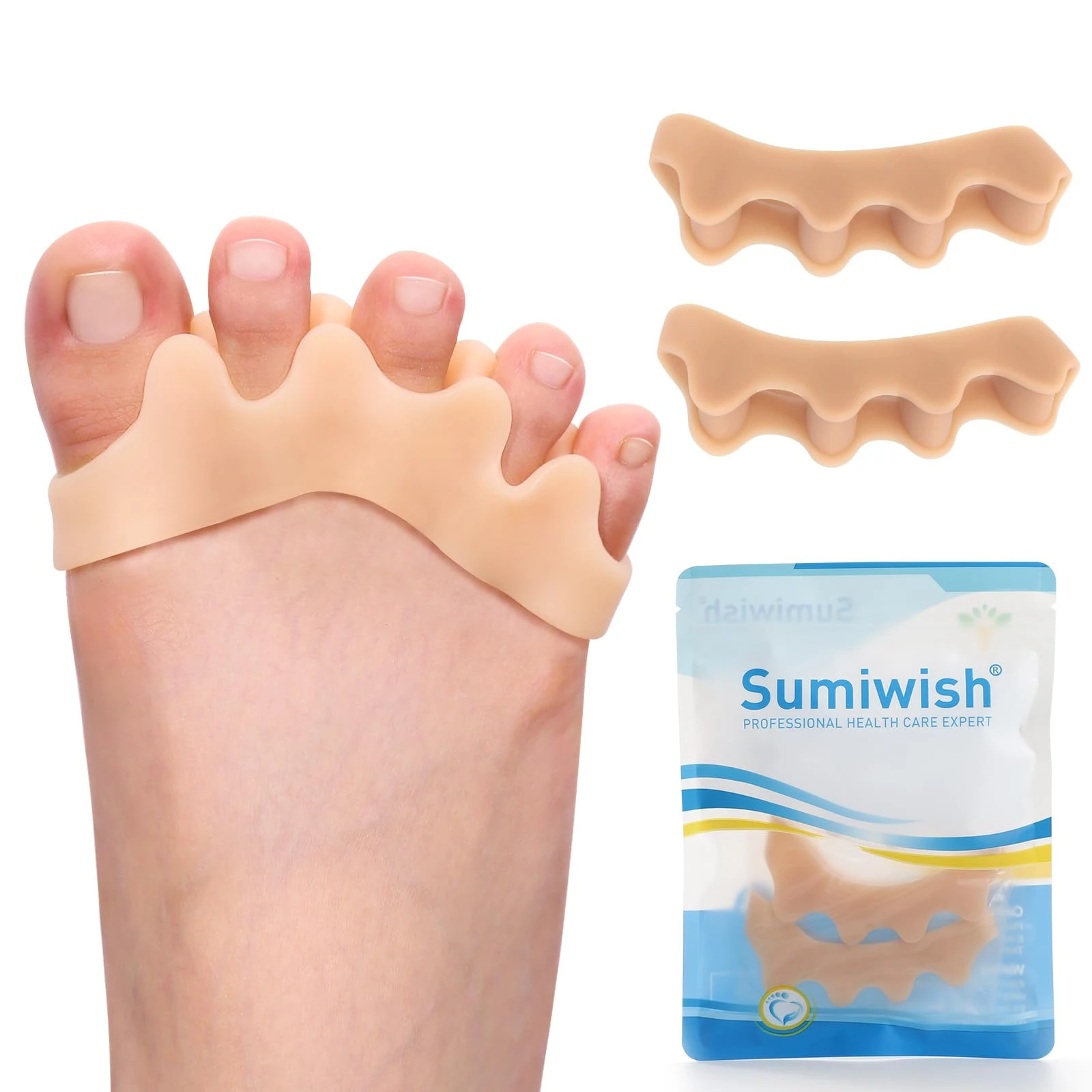 Sumiwish Toe Separators & Toe Spacers - 4 Pairs (Beige) - Soft Toe Straighteners for Bent Toes - Silicone Toe Separators for Overlapping Toes, Plantar Fasciitis, Hammer Toes & Claw Toes - M