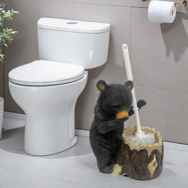 BGBWBFBR Whimsical Black Bear Toilet Brush Holder Set - Unique Cub Shape, Decorative Bathroom Cleaning Kit with Brush and Holder - Image 1