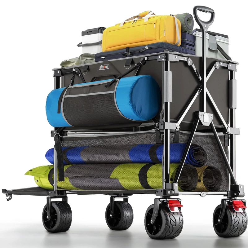 Overmont 400L Folding Two-Tier Wagon - Large Capacity Folding Trolley - 52" Extender, Large Off-Road Wheels for Camping, Football Match, Sports Events, Supports up to 450 lbs