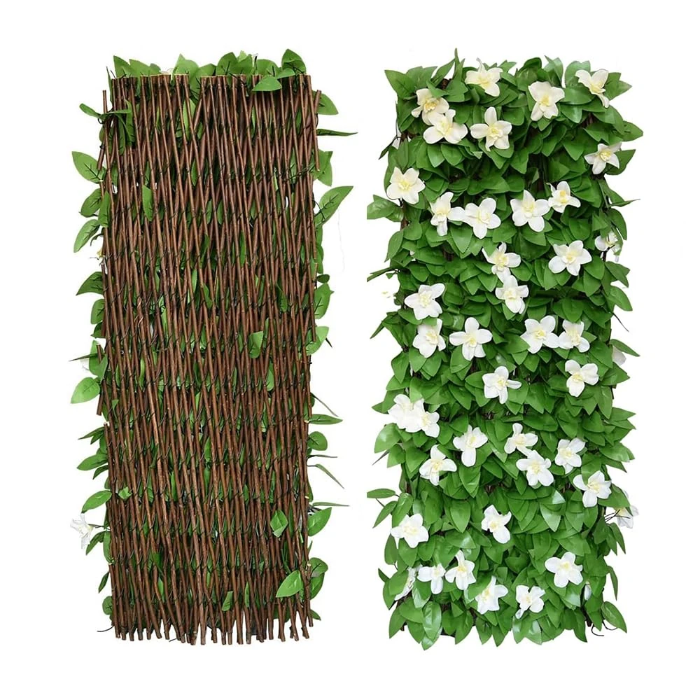 Artificial Leaf Screening, Expandable Fence Privacy Screen for Balcony Patio Outdoor,Decorative Faux Ivy Fencing Panel,Artificial Hedges 30x200cm- Expanded (1pcs, White Flowers)