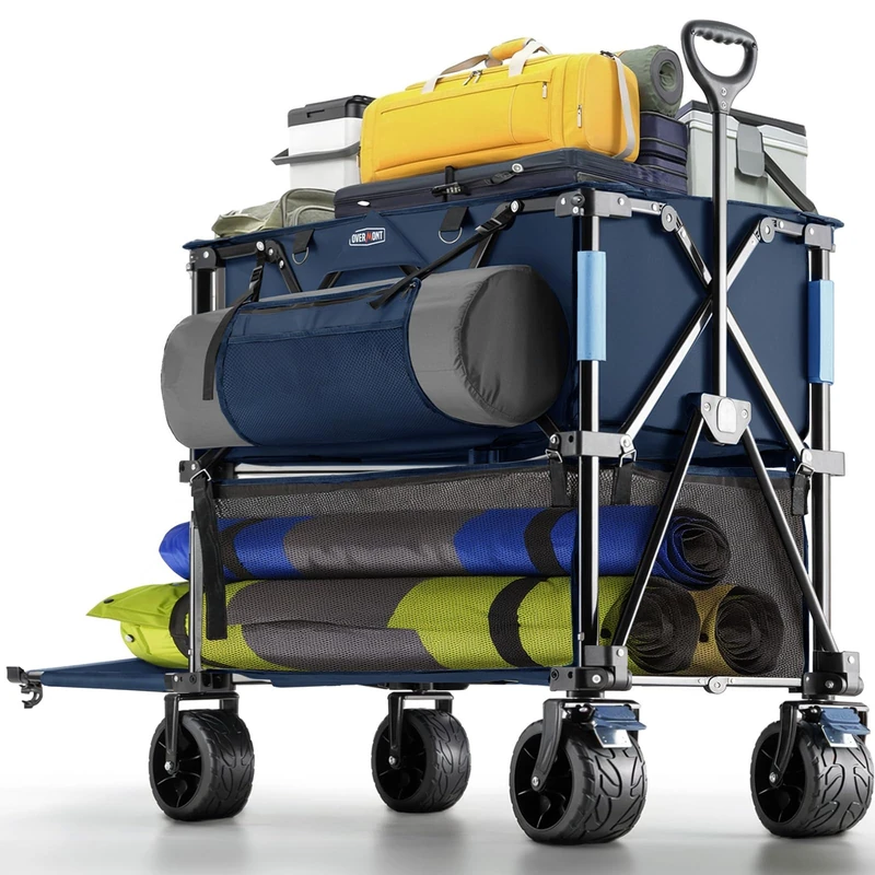 Overmont 400L Folding Two-Tier Wagon - Large Capacity Folding Trolley - 52" Extender, Large Off-Road Wheels for Camping, Football Match, Sports Events, Supports up to 450 lbs