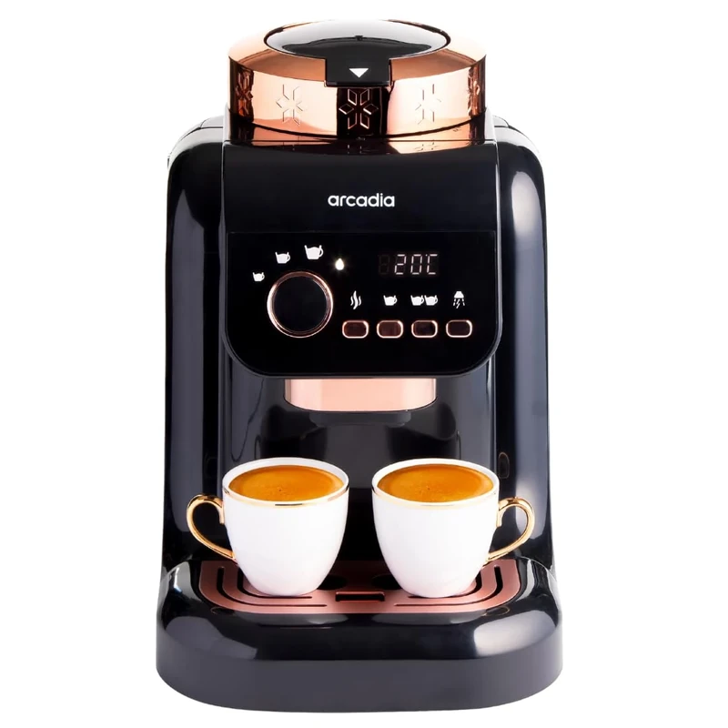 Arcadia Automatic Turkish Coffee Maker, Direct-to-Cup, Digital Control, LED Display, Brewing Temperature Adjustment, Slow Brew Option, 1 or 2 cups, 1L capacity, Auto-Wash, Black, 700W, 3-pin UK Plug
