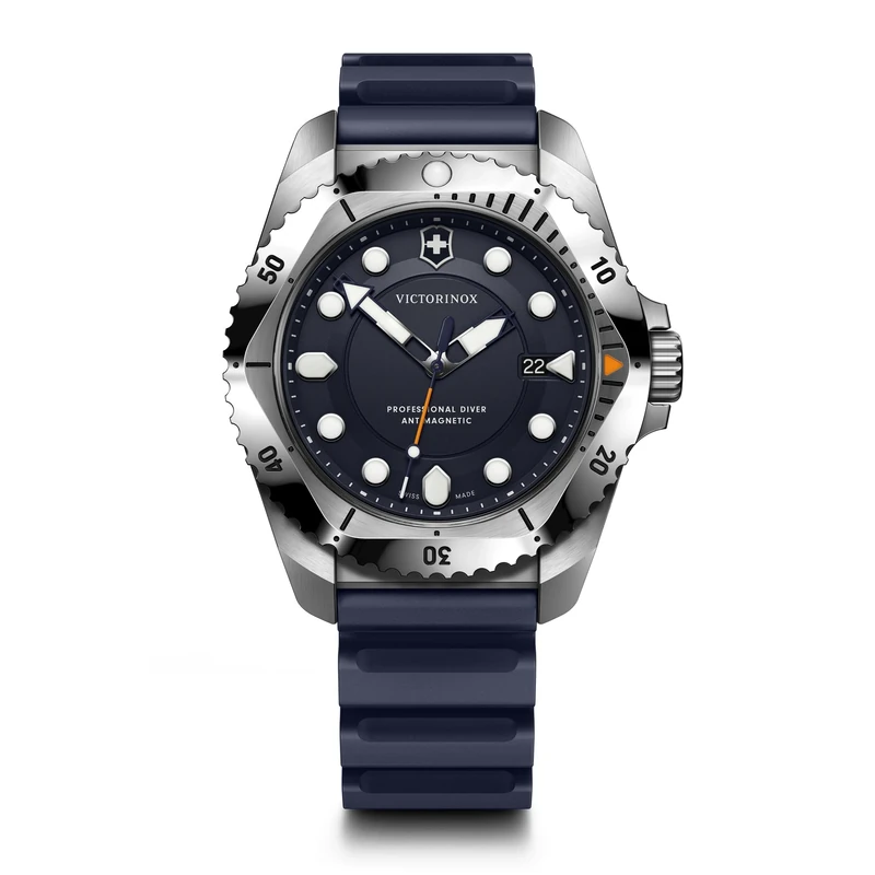 Victorinox Men’s Watch Dive Pro Ø 43 mm, Swiss Made, Analogue Quartz, Water-Resistant up to 300 m, Sapphire Glass, Rubber Strap, Blue