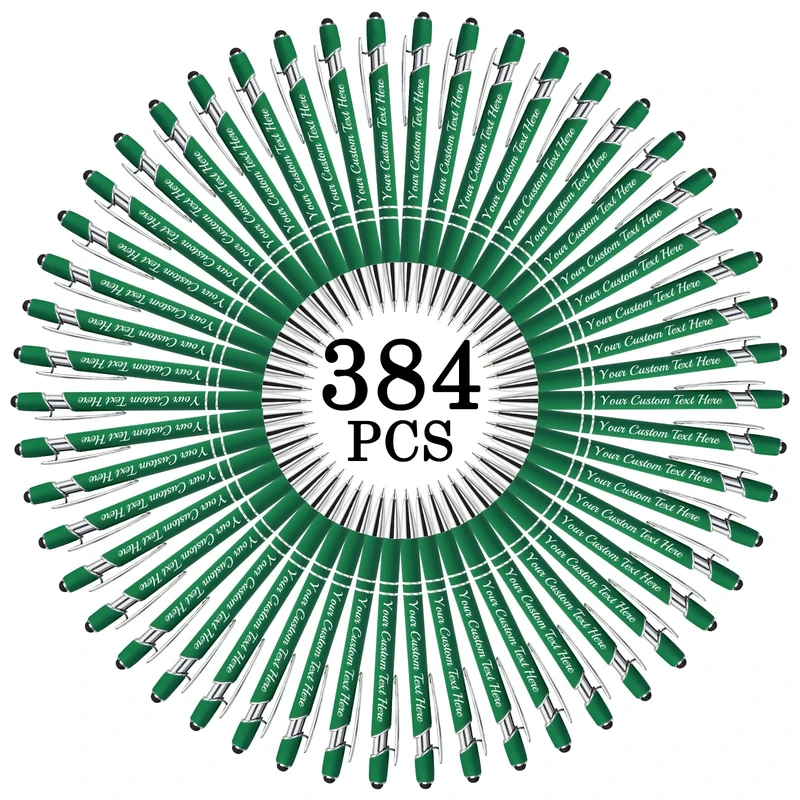 Farbely Personalized Pens Bulk with Name Free Engraving,DarkGreen Custom Ballpoint Pen with Stylus,Text,logo Customized for Men Women Business,Graduation,Anniversaries Gift 384PCS