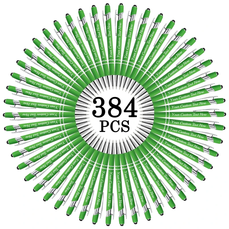 Farbely Personalized Pens Bulk with Name Free Engraving,LightGreen Custom Ballpoint Pen with Stylus,Text,logo Customized for Men Women Business,Graduation,Anniversaries Gift 384PCS