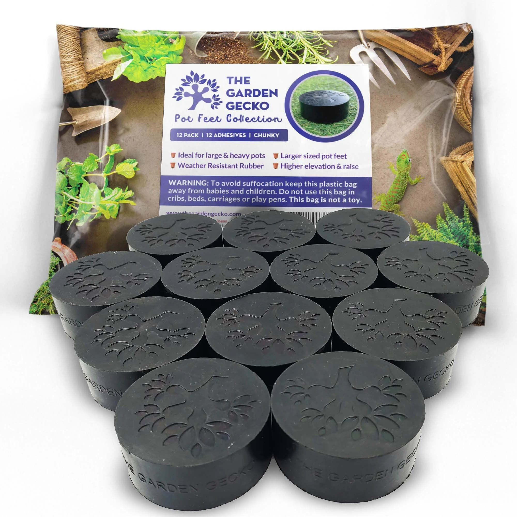 The Garden Gecko Chunky Pot Feet – Heavy EPDM Rubber Risers for Large Planters, now 30mm Thick, Extreme strength for Heavy Loads | 12 PACK + ADHESIVES | CHUNKY EDITION