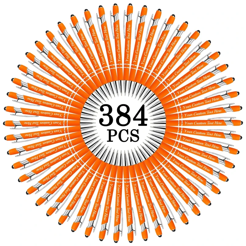 Farbely Personalized Pens Bulk with Name Free Engraving,Orange Custom Ballpoint Pen with Stylus,Text,logo Customized for Men Women Business,Graduation,Anniversaries Gift 384PCS