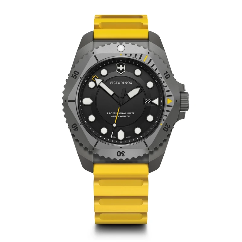Victorinox Men’s Watch Dive Pro Ø 43 mm, Swiss Made, Analogue Quartz, Water-Resistant up to 300 m, Sapphire Glass, Rubber Strap, Yellow