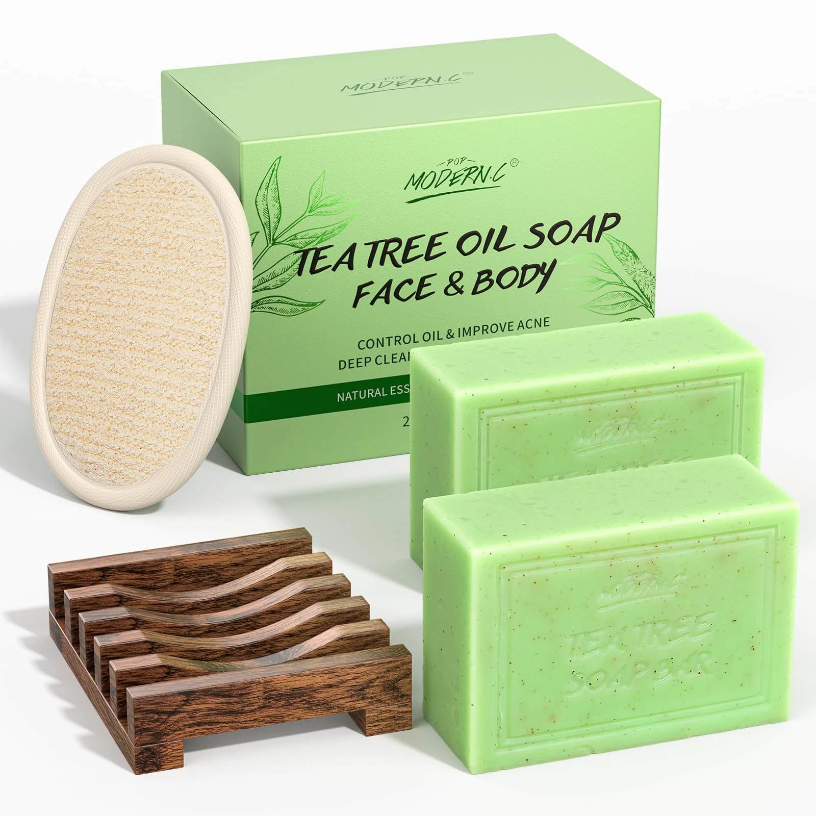 Tea Tree Oil Soap Bar, Natural Organic Bath Soaps, Body Wash Soap for Skin Fungus, Facial Cleanser and Body Oder Moisturizer for Women Men, Tea Tree Soaps for Body Itching Acne Athlete's Foot, 2x150g