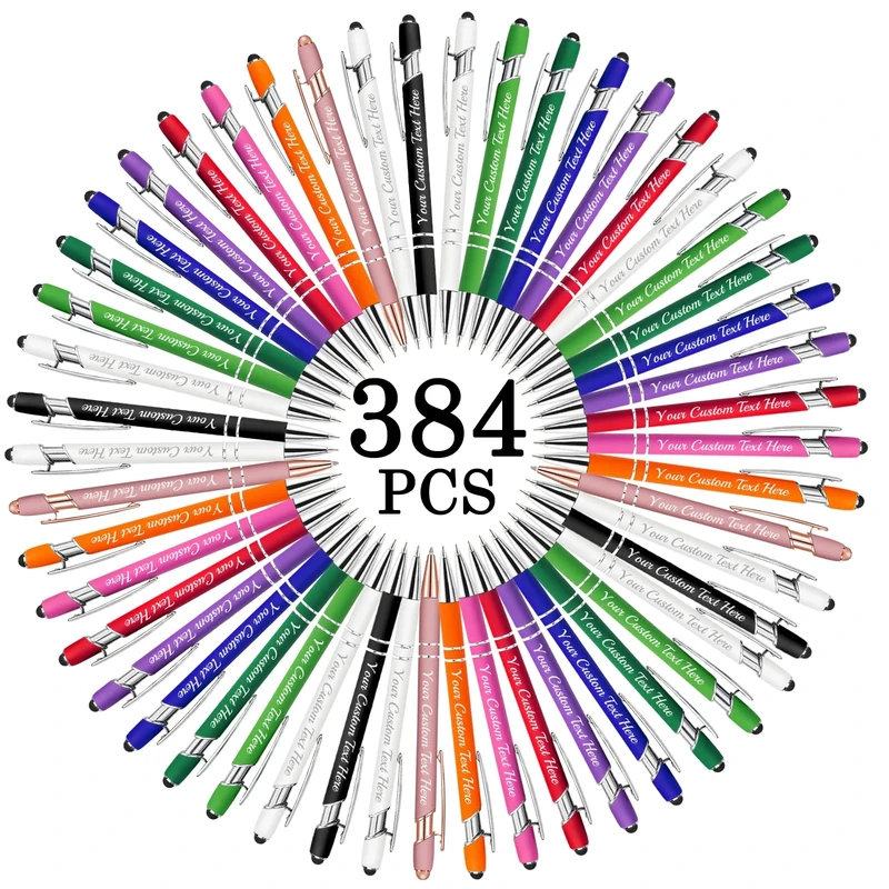 Farbely Personalized Pens Bulk with Name Free Engraving,Assorted Custom Ballpoint Pen with Stylus,Text,logo Customized for Men Women Business,Graduation,Anniversaries Gift 384PCS