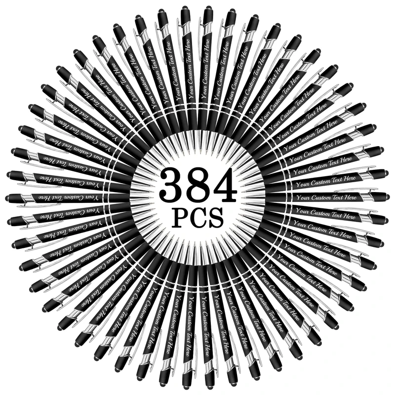 Farbely Personalized Pens Bulk with Name Free Engraving,Black Custom Ballpoint Pen with Stylus,Text,logo Customized for Men Women Business,Graduation,Anniversaries Gift 384PCS