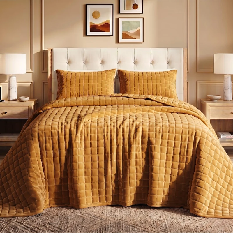 Tribeca Living Velvet Queen Quilt Set, Three-Piece Box Stitch Bedding, Includes Oversized Quilt & Two Shams, 260GSM Super Soft Velvet, Camel